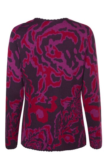 Langärmeliges Oberteil in Dunkellila mit pinkfarbenem, abstraktem Blumenmuster, Rundhalsausschnitt, gerade geschnitten