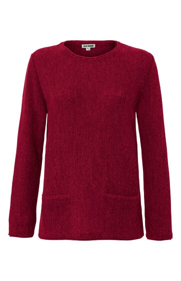 Rotes Langarmshirt, rundhals, gerade geschnitten, mit zwei aufgesetzten Taschen vorne