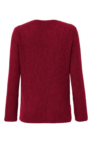 Rotes langärmeliges Oberteil, gerade geschnitten, ohne sichtbare Verzierungen oder Muster, hinten gezeigt