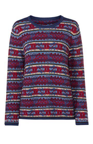 Langärmliger Pullover in Dunkelblau mit mehrfarbigem horizontalem Norwegermuster, Rundhalsausschnitt, gerader Schnitt