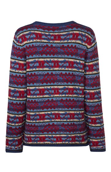 Pullover in Dunkelblau, Rot und Hellblau mit mehrfarbigem Norwegermuster, Rundhalsausschnitt, lange Ärmel, gerade geschnitten