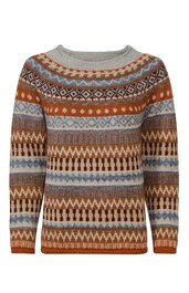 Pullover in Braun- und Blautönen mit mehrfarbigem Norwegermuster, Rundhalsausschnitt, lange Ärmel, gerade Form