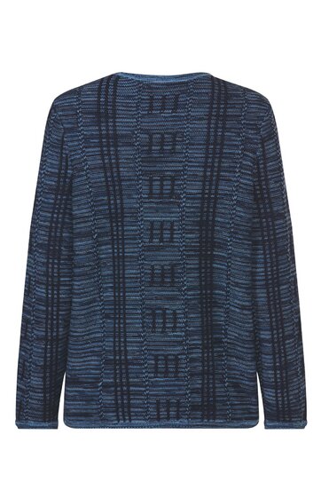 Langärmliges Shirt in dunkelblau und schwarz, gestreiftes Muster, rechteckiges geometrisches Design auf der Vorderseite, Rundhalsausschnitt, gerade geschnitten