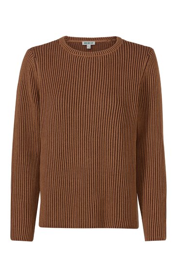 Brauner Pullover mit vertikaler Rippenstruktur, Rundhalsausschnitt, lange Ärmel, gerade geschnitten, ohne sichtbare Verzierungen