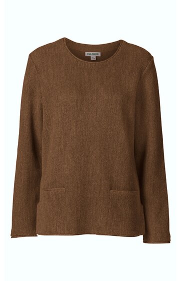 Brauner Pullover ohne Muster, rundhalsausschnitt, lange Ärmel, gerade geschnitten, zwei aufgesetzte Taschen vorne