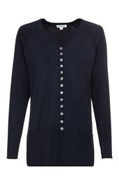 Dunkelblauer Strickcardigan, einfarbig, V-Ausschnitt, durchgehende Knopfleiste mit runden Knöpfen, lange Ärmel, gerade geschnitten