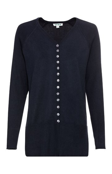 Dunkelblauer Strickcardigan, einfarbig, V-Ausschnitt, durchgehende Knopfleiste mit runden Knöpfen, lange Ärmel, gerade geschnitten