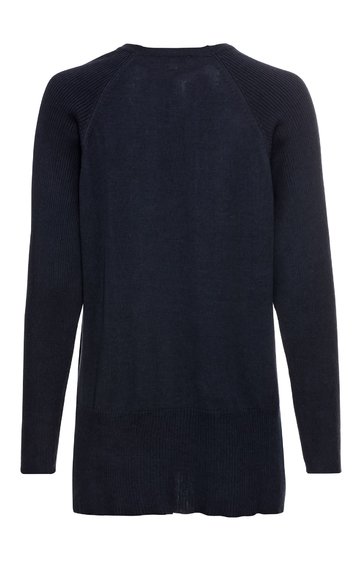 Dunkelblauer Damenpullover, einfarbig, langer Schnitt, Rundhalsausschnitt, lange Ärmel, schlichte Form, keine Verzierungen