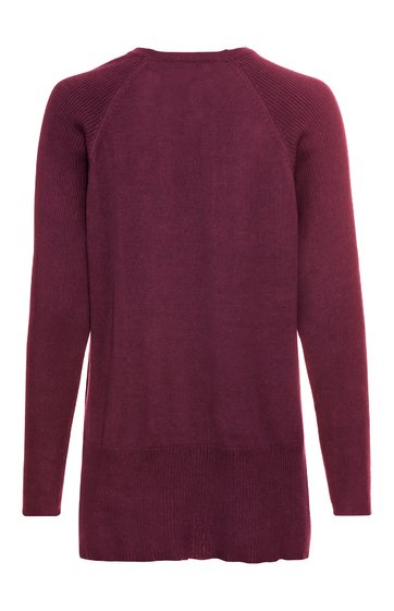 Bordeauxroter Pullover ohne Muster, langer Schnitt, Rundhalsausschnitt, lange Raglanärmel, glatte Oberfläche