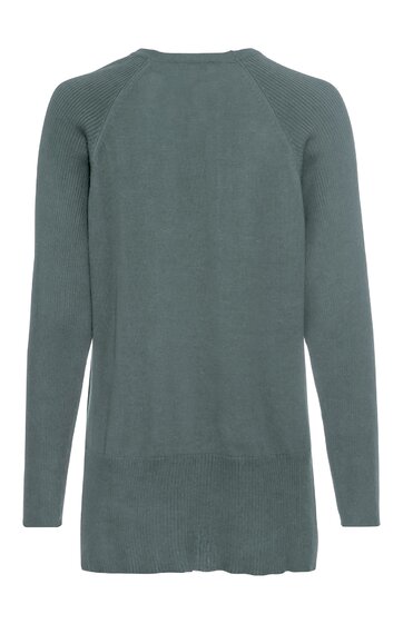 Langer dunkelgrüner Pullover ohne Muster, Rundhalsausschnitt, lange Ärmel, gerader Schnitt, keine sichtbaren Verschlüsse, Rückansicht