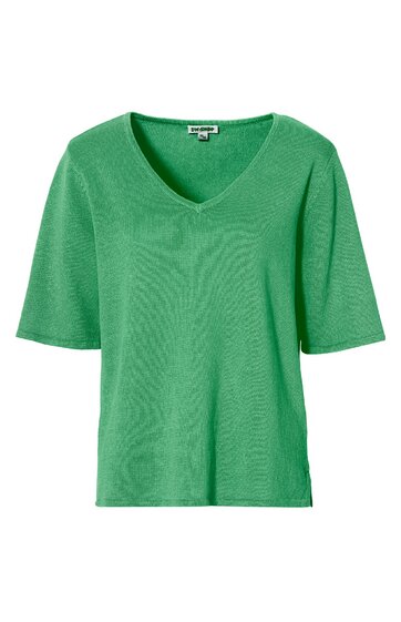 Grünes T-Shirt mit V-Ausschnitt, kurze Ärmel, schlichte Front ohne Muster oder Verzierungen, gerade geschnitten