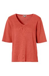 Kurzärmeliges T-Shirt in ziegelroter Farbe, V-Ausschnitt, gerade geschnitten