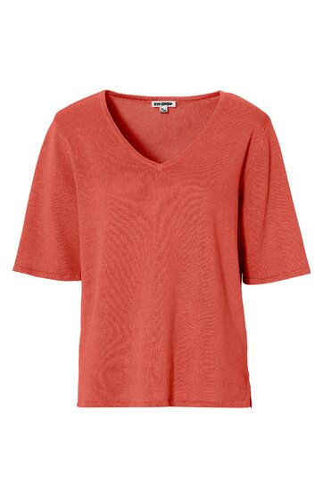 Kurzärmeliges T-Shirt in ziegelroter Farbe, V-Ausschnitt, gerade geschnitten