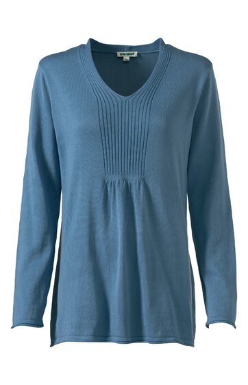 Langärmliges Damenoberteil in blau, V-Ausschnitt mit vertikalen Biesen, locker fallend, ohne Muster, gerade geschnitten