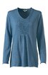 Langärmliges Damenoberteil in blau, V-Ausschnitt mit vertikalen Biesen, locker fallend, ohne Muster, gerade geschnitten