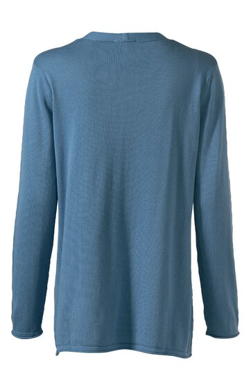 Hellblaues Langarmshirt, ohne Muster, Rundhalsausschnitt, gerade geschnitten, locker fallend, Rückansicht