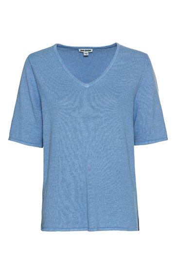 Hellblaues T-Shirt, kurzärmlig, V-Ausschnitt, gerade geschnitten, ohne Muster, schlicht