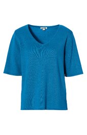 Blaues Kurzarmshirt mit V-Ausschnitt, gerade geschnitten, ohne Muster, ohne sichtbare Verzierungen
