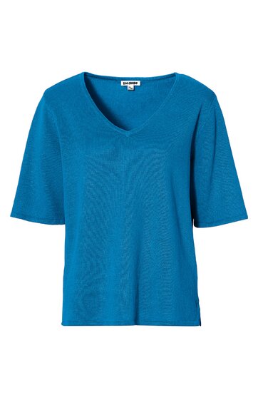 Blaues Kurzarmshirt mit V-Ausschnitt, gerade geschnitten, ohne Muster, ohne sichtbare Verzierungen