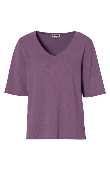 Kurzärmeliges T-Shirt in malvenfarben, ohne Muster, V-Ausschnitt, gerade geschnittener Saum