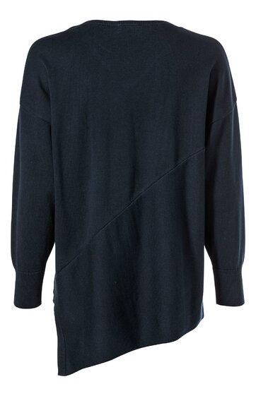 Dunkelblaue Longsweatshirt mit asymmetrischem Schnitt, lange Ärmel, gerader Rundhalsausschnitt, glatter Stoff, hinten geschlossen, einfache Rückansicht
