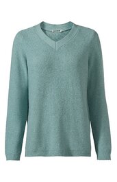Pullover, helles petrolblau, einfarbig, V-Ausschnitt, lange Ärmel, gerader Schnitt, gerippte Bündchen am Ärmel und Saum