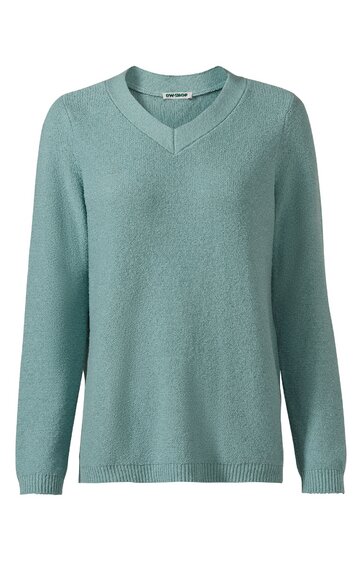 Pullover, helles petrolblau, einfarbig, V-Ausschnitt, lange Ärmel, gerader Schnitt, gerippte Bündchen am Ärmel und Saum