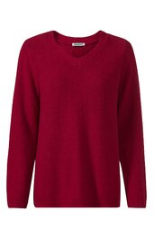 Roter Pullover, V-Ausschnitt, lange Ärmel, gerade geschnitten, ohne Muster oder weitere Verzierungen