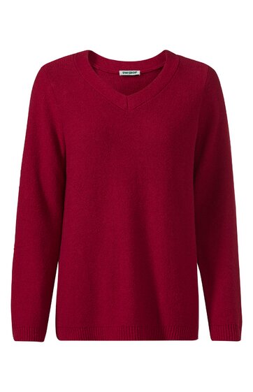 Roter Pullover, V-Ausschnitt, lange Ärmel, gerade geschnitten, ohne Muster oder weitere Verzierungen