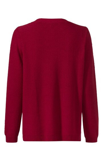 Dunkelroter Pullover, einfarbig, langärmlig, Rundhalsausschnitt, gerade geschnitten, keine weiteren sichtbaren Details