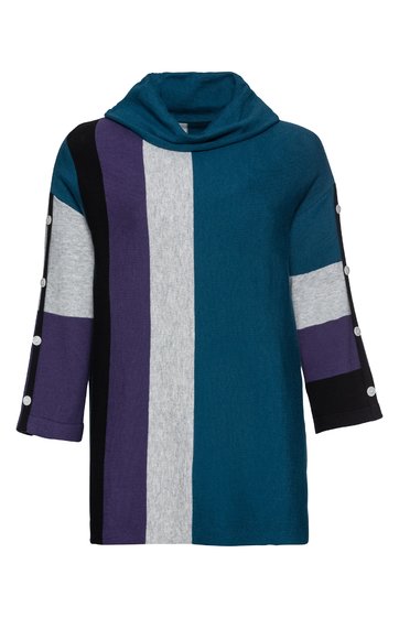 Damenpullover in Petrol, Lila, Grau und Schwarz, vertikale Farbblöcke, hoher Kragen, 3/4 lange Ärmel mit dekorativen weißen Knöpfen an den Bündchen