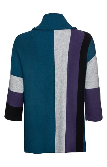 Langärmeliges Oberteil in Petrol mit breiten senkrechten Streifen in Hellgrau, Dunkelviolett und Schwarz, Rundhalskragen, lockere Passform, Ärmel mit farblich abgesetzten Bündchen