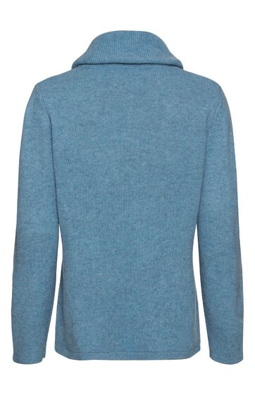 Hellblauer Pullover ohne Muster, langärmlig, mit hohem Kragen, gerade geschnitten, Rückansicht