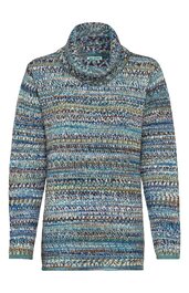 Langärmliger Rollkragenpullover in Blau- und Grautönen mit mehrfarbigem, abstraktem Muster, gerade geschnitten, Strickstruktur