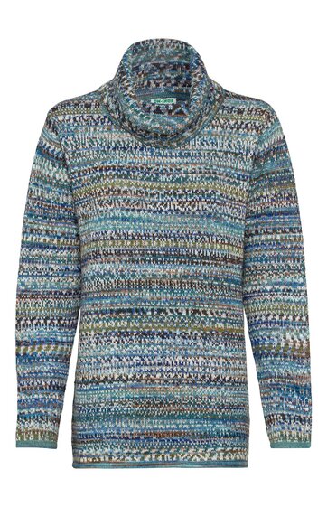 Langärmliger Rollkragenpullover in Blau- und Grautönen mit mehrfarbigem, abstraktem Muster, gerade geschnitten, Strickstruktur