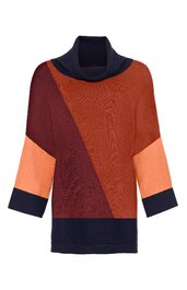 Pullover in Dunkelblau, Rostrot, Dunkelrot und Hellorange, farbblockiertes Design, Rollkragen, dreiviertellange Ärmel mit dunklem Bündchen, gerade geschnitten