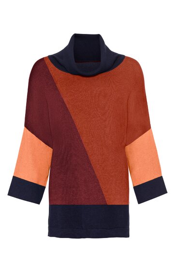 Pullover in Dunkelblau, Rostrot, Dunkelrot und Hellorange, farbblockiertes Design, Rollkragen, dreiviertellange Ärmel mit dunklem Bündchen, gerade geschnitten