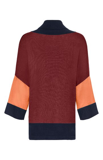 Damenpullover, rostrot mit navyblauen und lachsfarbenen Blockstreifen an Ärmeln, navyblauer Stehkragen, 3/4-lange Ärmel, gerader Schnitt, lockere Passform