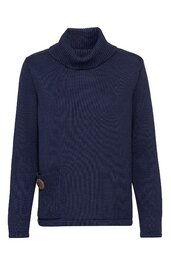 Marineblauer Pullover mit Rollkragen, langärmlig, rechteckige aufgesetzte Tasche mit Knopf auf der Vorderseite, gerade geschnitten
