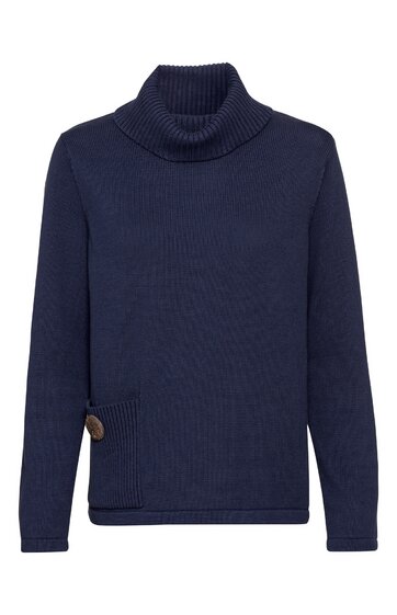 Marineblauer Pullover mit Rollkragen, langärmlig, rechteckige aufgesetzte Tasche mit Knopf auf der Vorderseite, gerade geschnitten