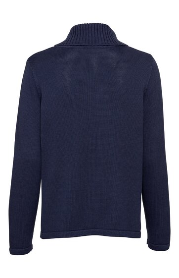 Dunkelblauer Pullover mit hohem, geripptem Stehkragen, lange Ärmel, gerade geschnitten, unifarben, Rückansicht