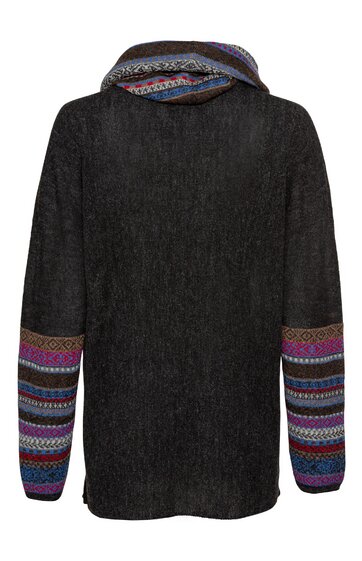 Dunkelgrauer Pullover mit Kapuze, lange Ärmel mit buntem Streifenmuster in Blau, Rot, Lila und Beige, gerade geschnitten, Rückansicht