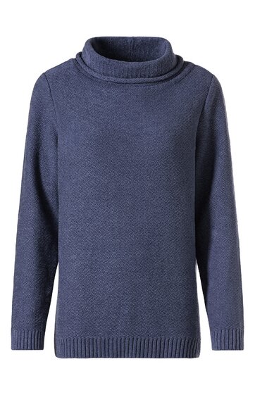 Dunkelblauer Pullover mit leichtem Rollkragen, lange Ärmel, gerader Schnitt, gerippte Bündchen an Ärmeln und Saum