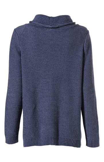 Dunkelblauer Pullover, unifarben, langer Arm, gerader Schnitt, hoher Stehkragen, gerippte Bündchen an Ärmeln und Saum