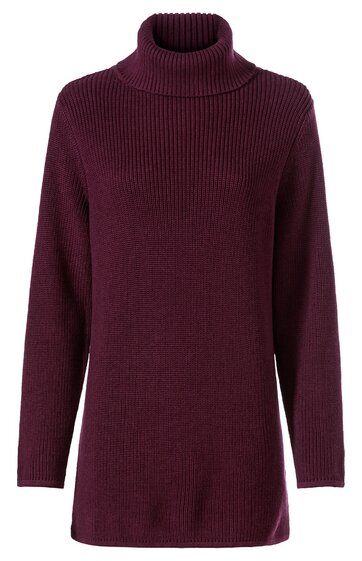 Dunkelweinroter Rollkragenpullover, gerade geschnitten, langärmlig, feines Rippenstrickmuster, ohne zusätzliche Verzierungen