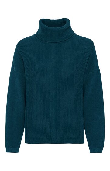 Dunkelgrüner Rollkragenpullover, einfarbig, gerippte Struktur, lange Ärmel, gerade geschnitten