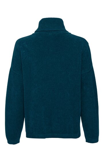 Dunkelblauer Pullover ohne Muster, hoher Stehkragen, lange Ärmel, gerade geschnitten, Rückansicht