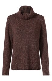 Dunkelbrauner Rollkragenpullover ohne Muster, lange Ärmel, gerader Schnitt, fein gestrickt