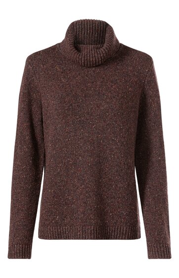 Dunkelbrauner Rollkragenpullover ohne Muster, lange Ärmel, gerader Schnitt, fein gestrickt