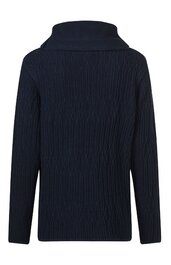 Dunkelblauer Pullover mit Rippstrickmuster, Stehkragen, lange Ärmel, gerade geschnitten